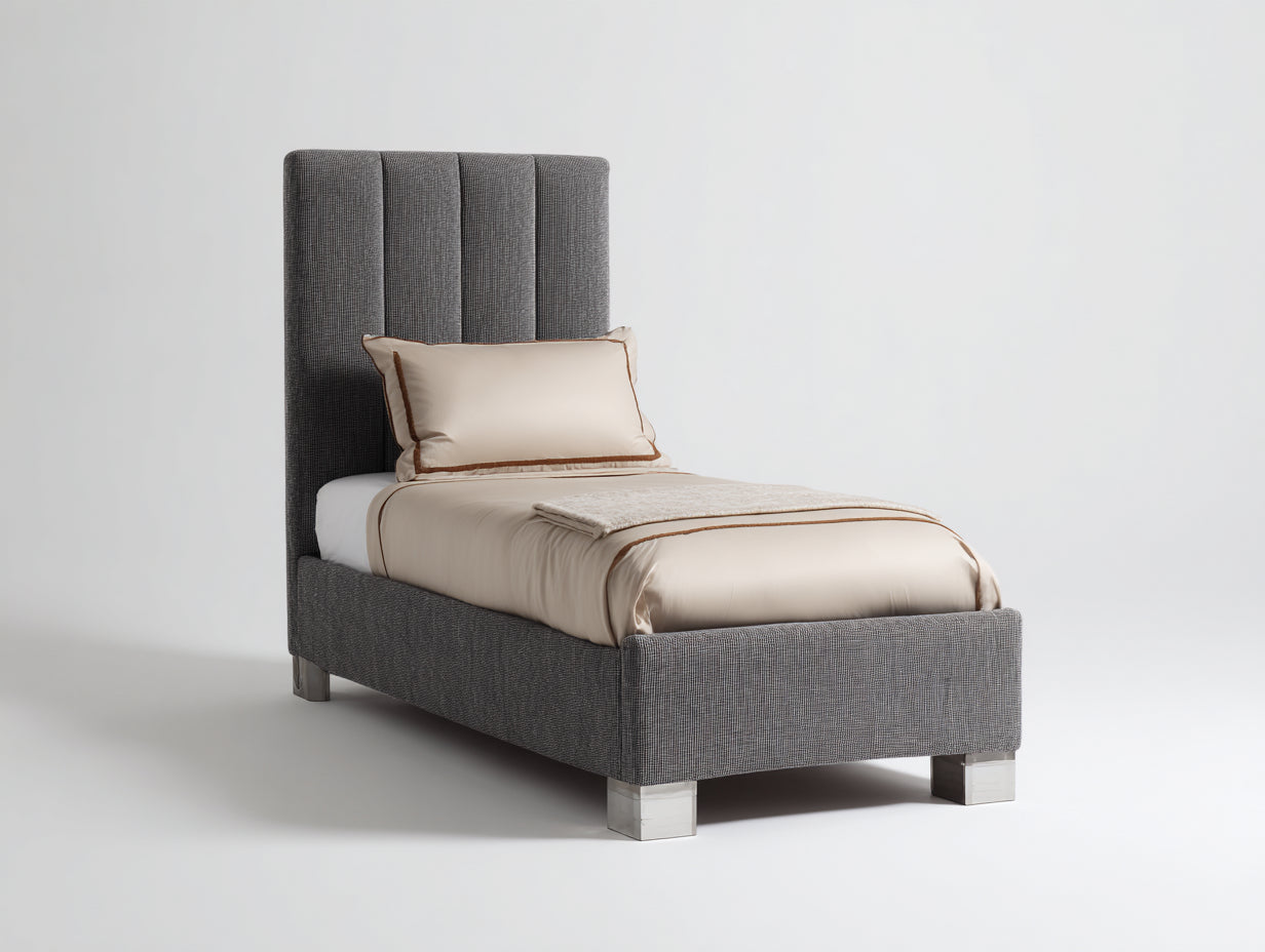 Lit simple - Tissu texturé - 211x107x123 cm - Gris anthracite-Argenté - Style contemporain à tête de lit haute