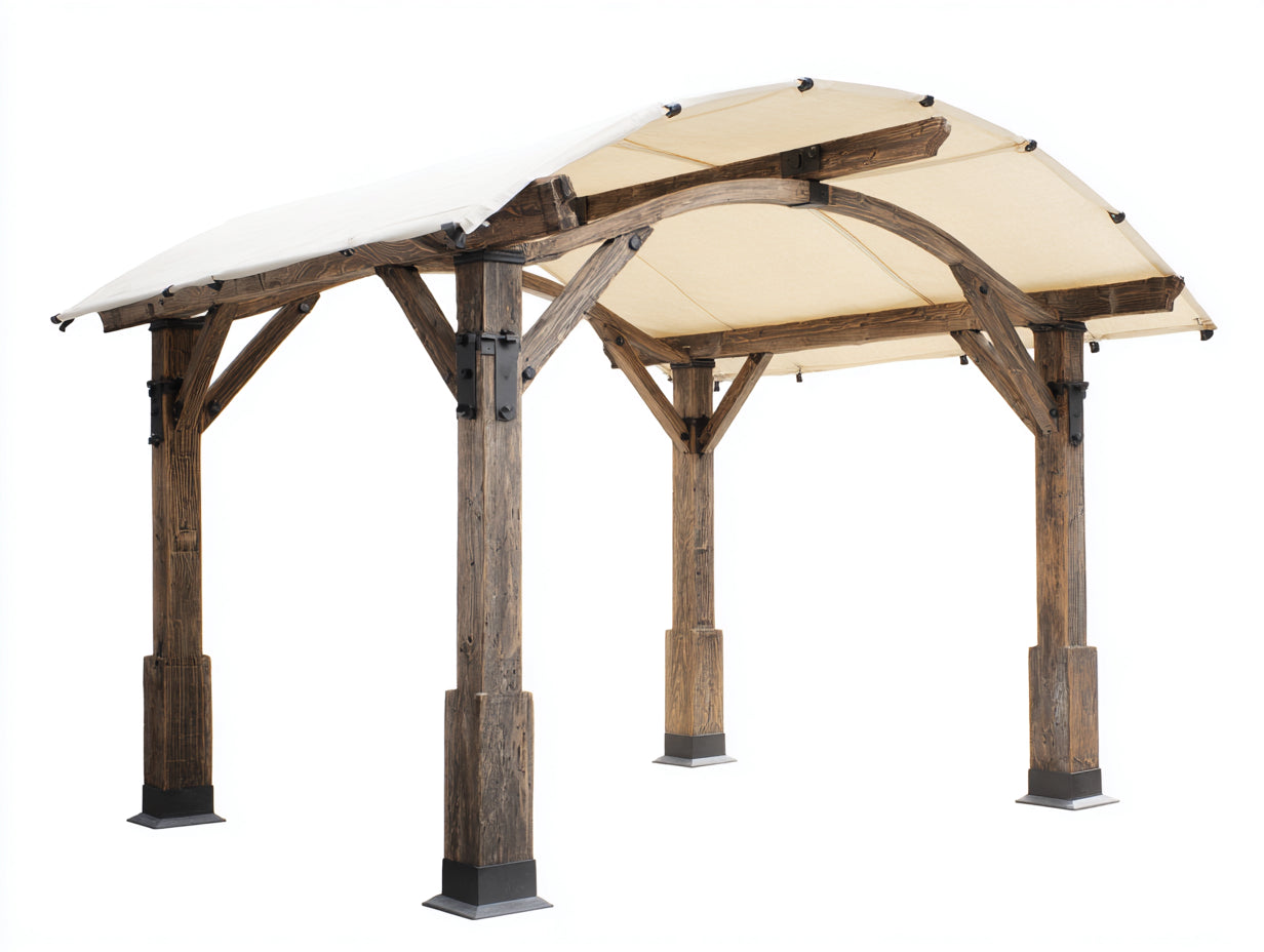 Tonnelle de jardin - Bois-Textile - 360 x 300 x 270 cm - Marron foncé-Beige - Style rustique