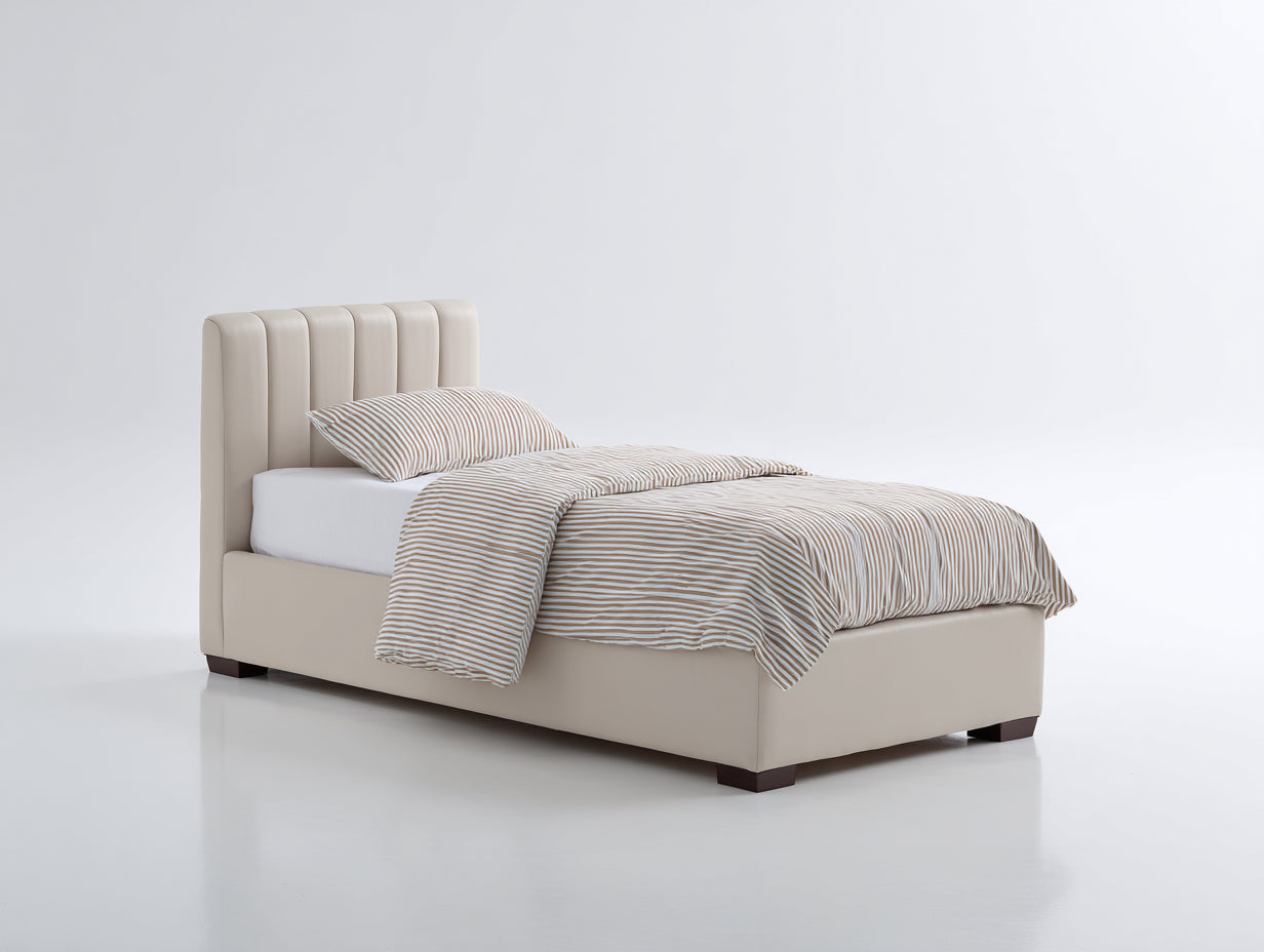Lit simple - Similicuir - 209x105x102 cm - Beige clair-Brun foncé - Style moderne à panneaux verticaux