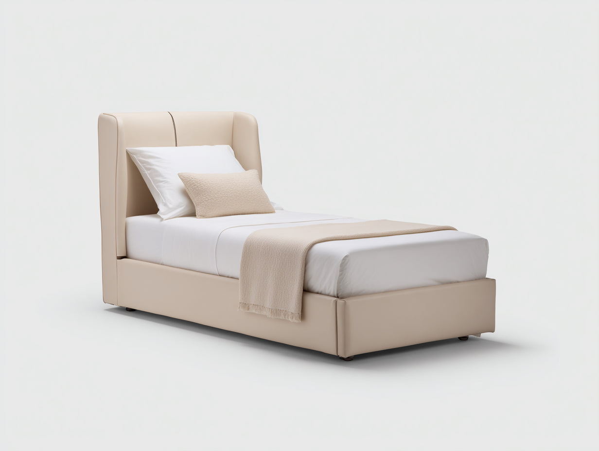 Lit simple - Similicuir - 211x109x111 cm - Beige crème-Brun foncé - Style contemporain enveloppant