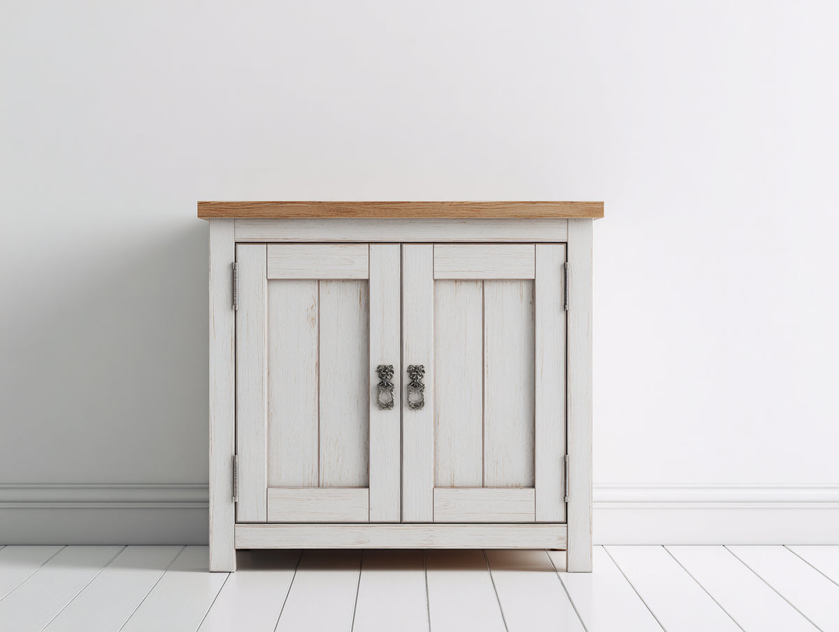 Buffet - Bois - 88 x 41 x 84 cm - Blanc vieilli-Bois naturel - Cottage traditionnel