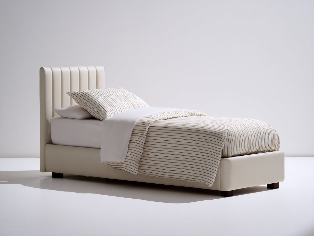 Lit simple - Similicuir - 211x106x108 cm - Ivoire-Brun foncé - Style moderne à cannelures