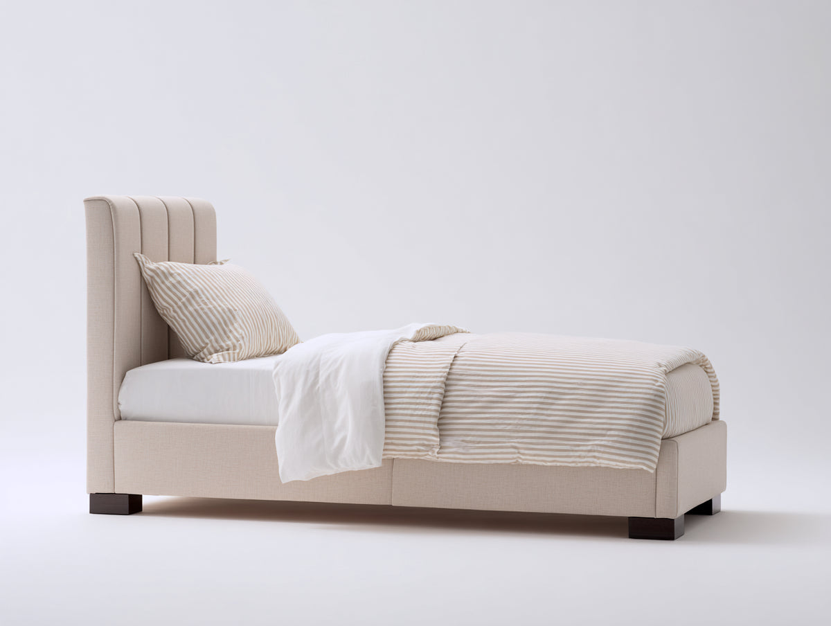 Lit simple - Tissu texturé - 210x104x116 cm - Beige lin-Brun foncé - Style contemporain épuré